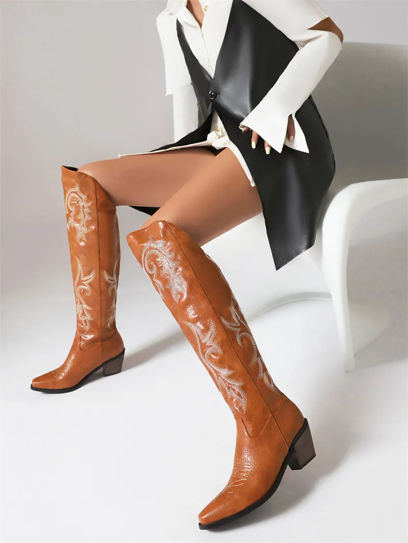 Country Thigh Block Sole Sharp Tip Boots