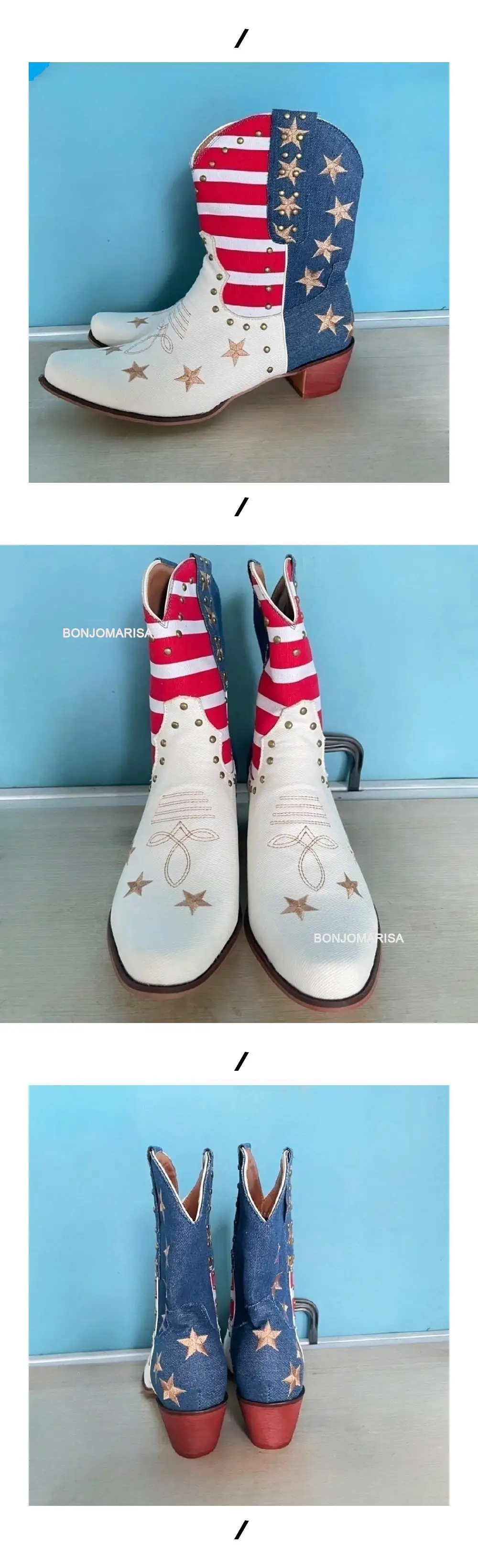 Cowboy Boots For Women Ankle Western Boots Cowgirls Rivet Star Design Fashion Block High Heeled Shoes Pointed Toe