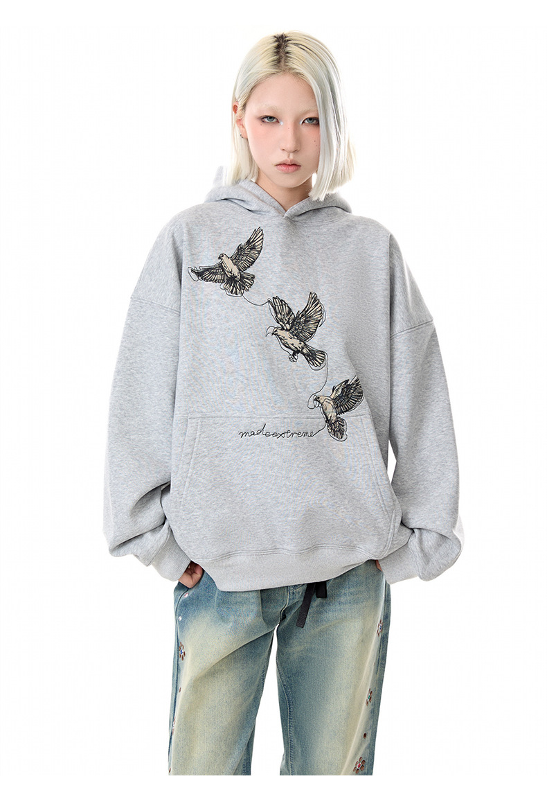 Cotton Blend Loose Fit Bird Graphic Hoodie
