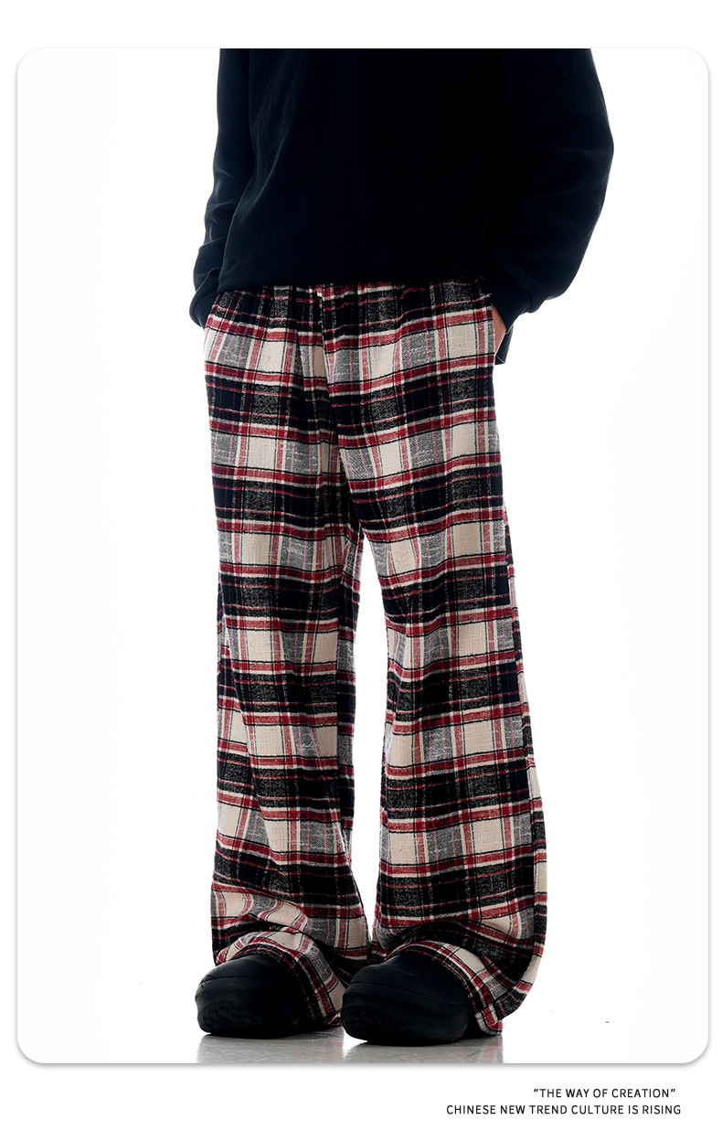 Block Red Plaid Drawstring Straight Casual Pants Unisex Pure Cotton Lazy Style Slimming Long Trousers