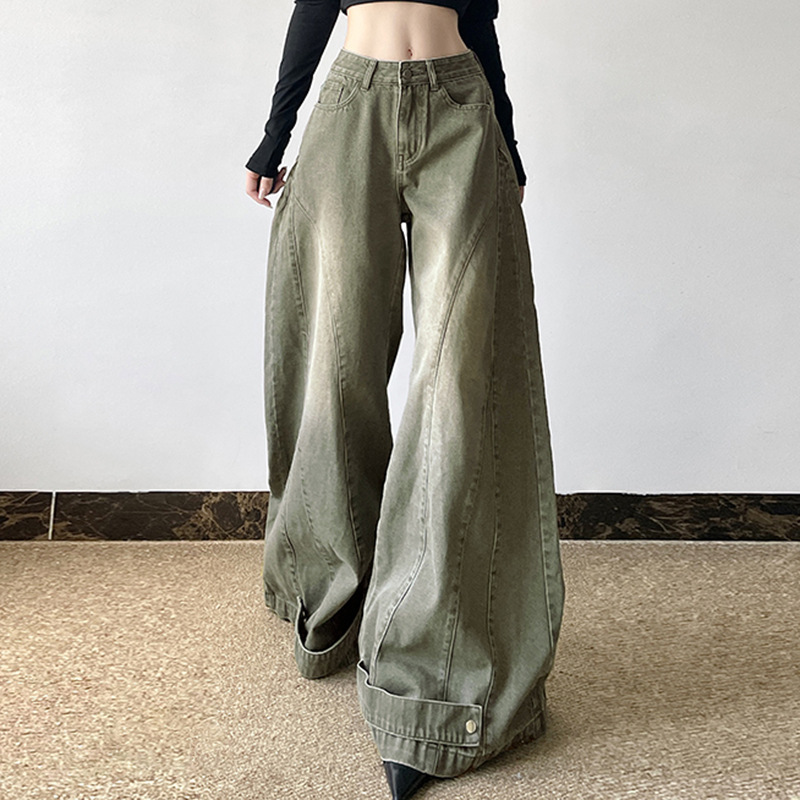Washed curved knife women's autumn and winter loose fitting patchwork wide leg jeans