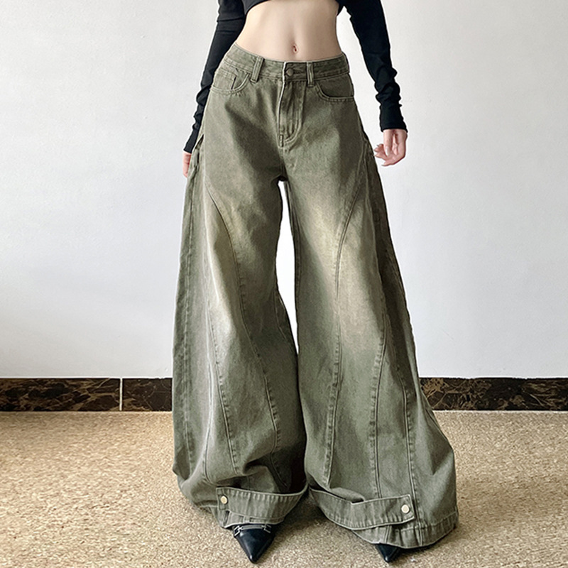 Washed curved knife women's autumn and winter loose fitting patchwork wide leg jeans