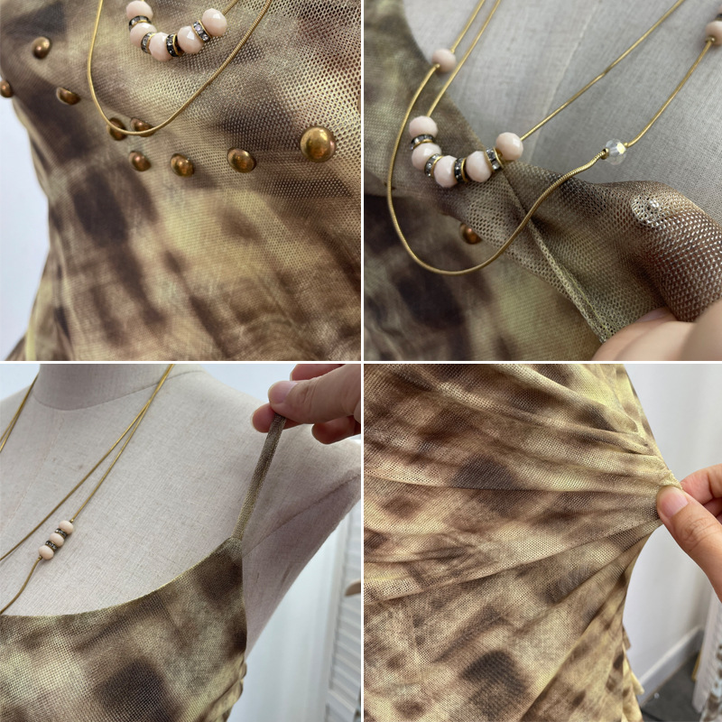 Irregular Rivet Mesh Camisole Dress with Ruffle Strap Sleeveless Top