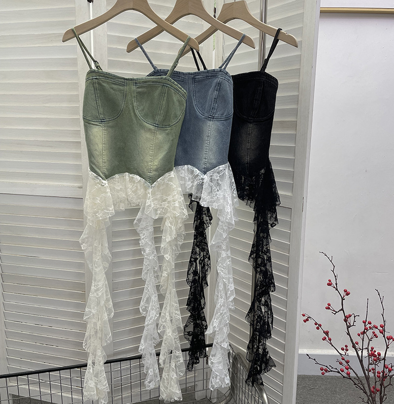 Slim Asymmetric Faded Jean Lacy Panel Fringed Bandeau