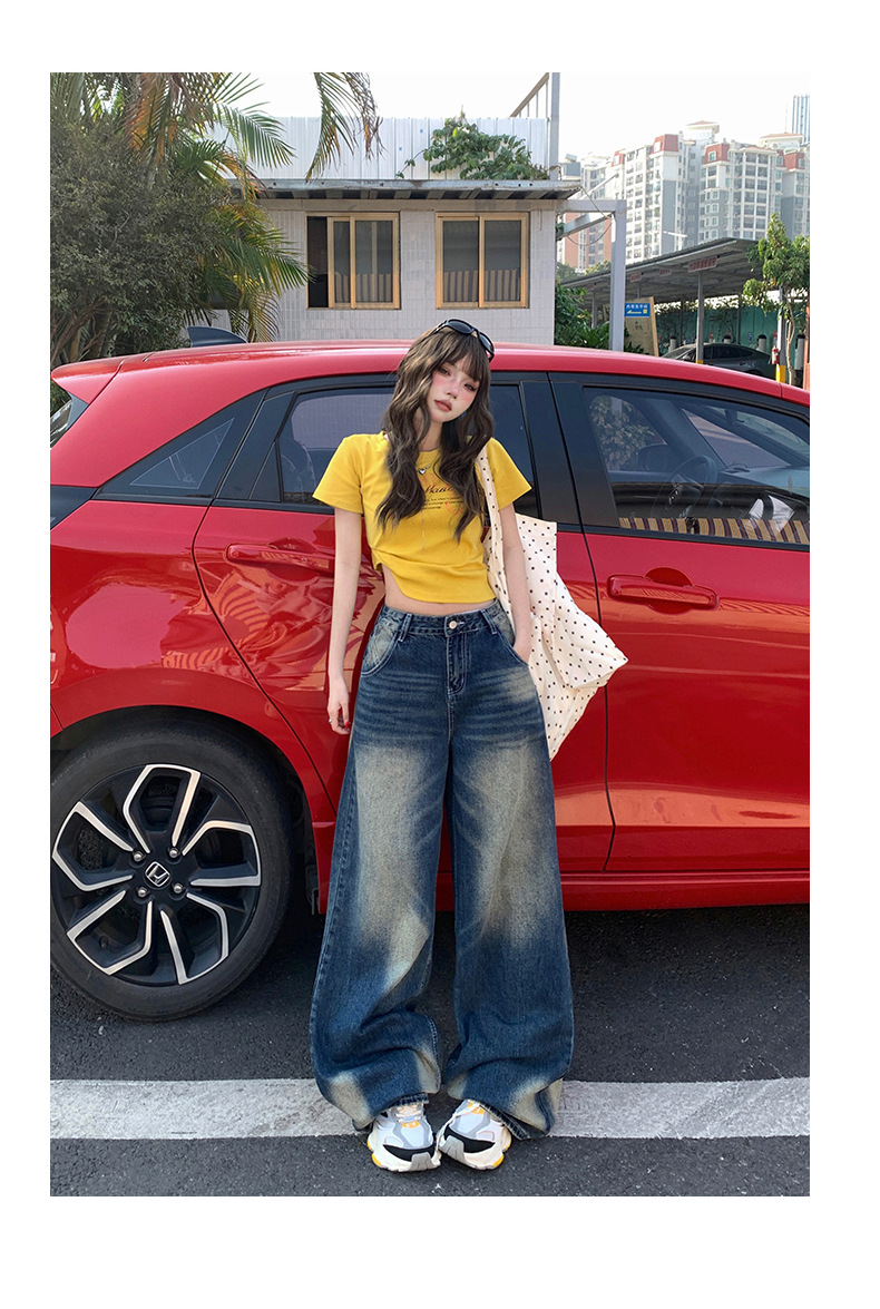 Women's Wide-Leg Jeans Low-Waist Loose Washed Straight Pants