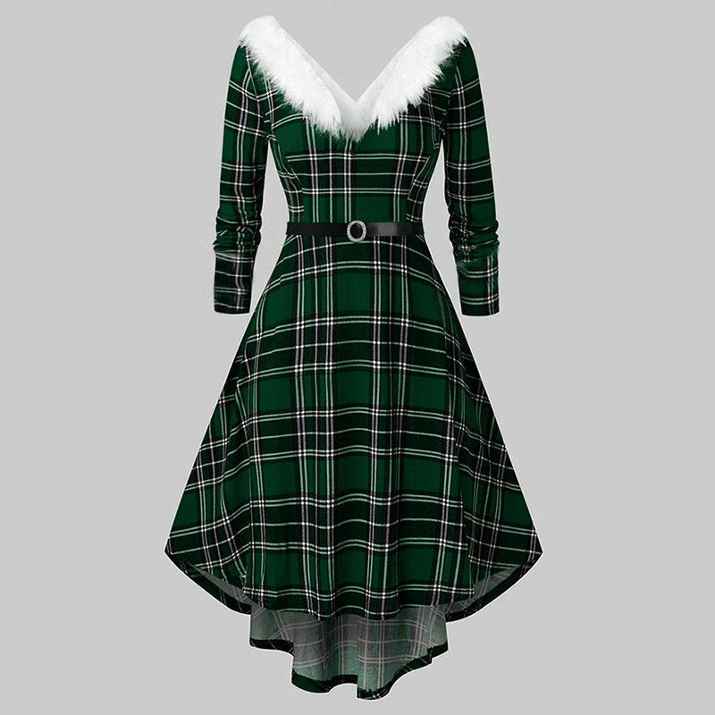 Holiday Ladies' Plaid Vintage V-Shaped Wrist-Length Sleeves Dress