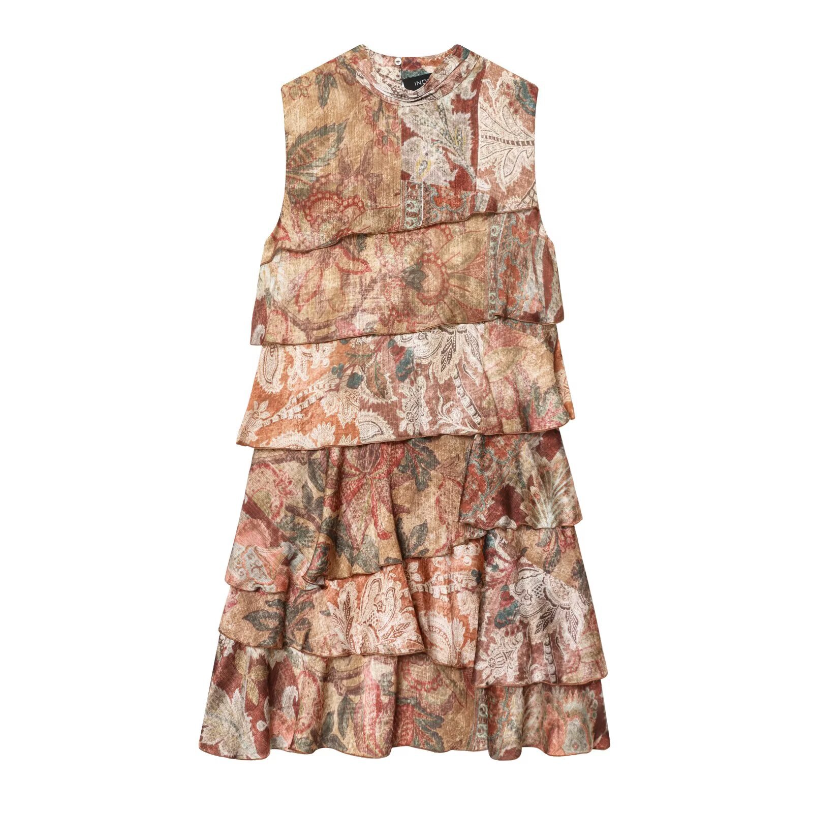 A-Line Half-High Neckline Sleeve-Free Tiered Patterned Embellished Dress