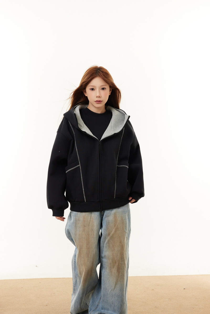 Street Relaxed Fit Zip-Up Letter Print Hoodie