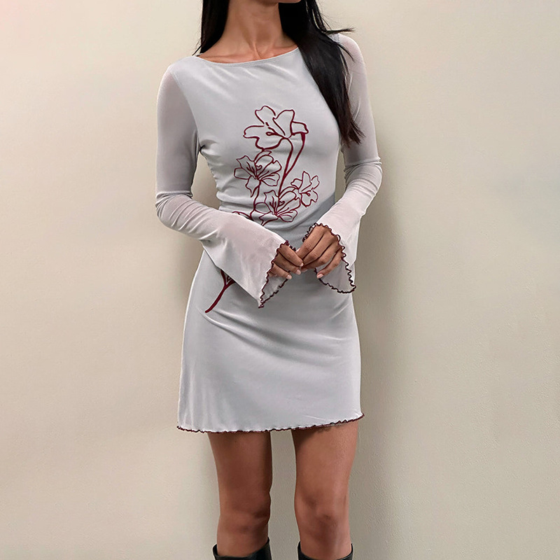 Crewneck Mid-Waist Polyester Patterned Full Sleeve Short Dress