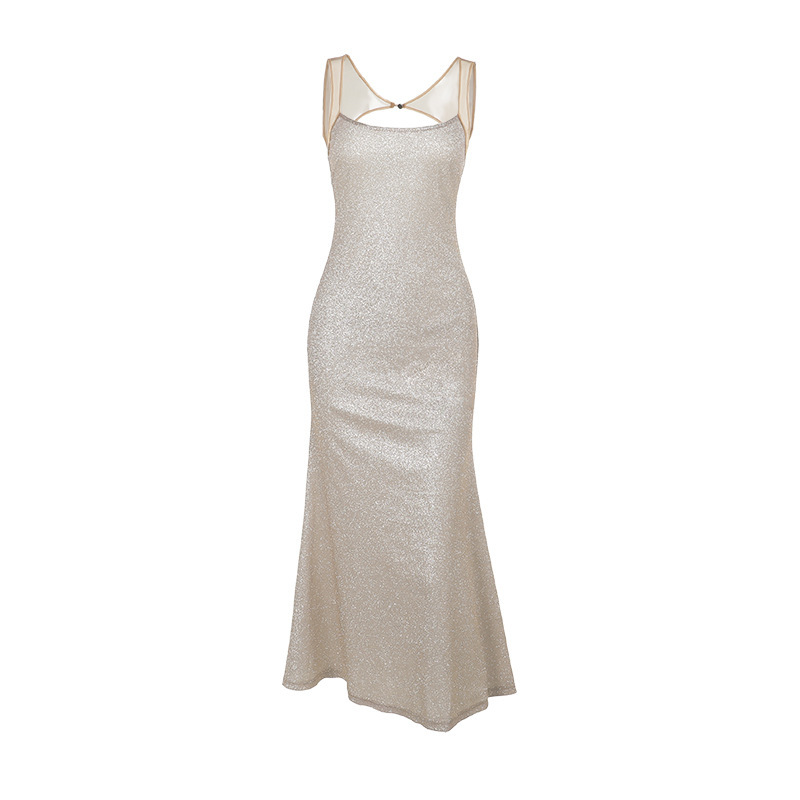 Shimmery Spaghetti Strap U-Neck Bodycon Maxi Skirt