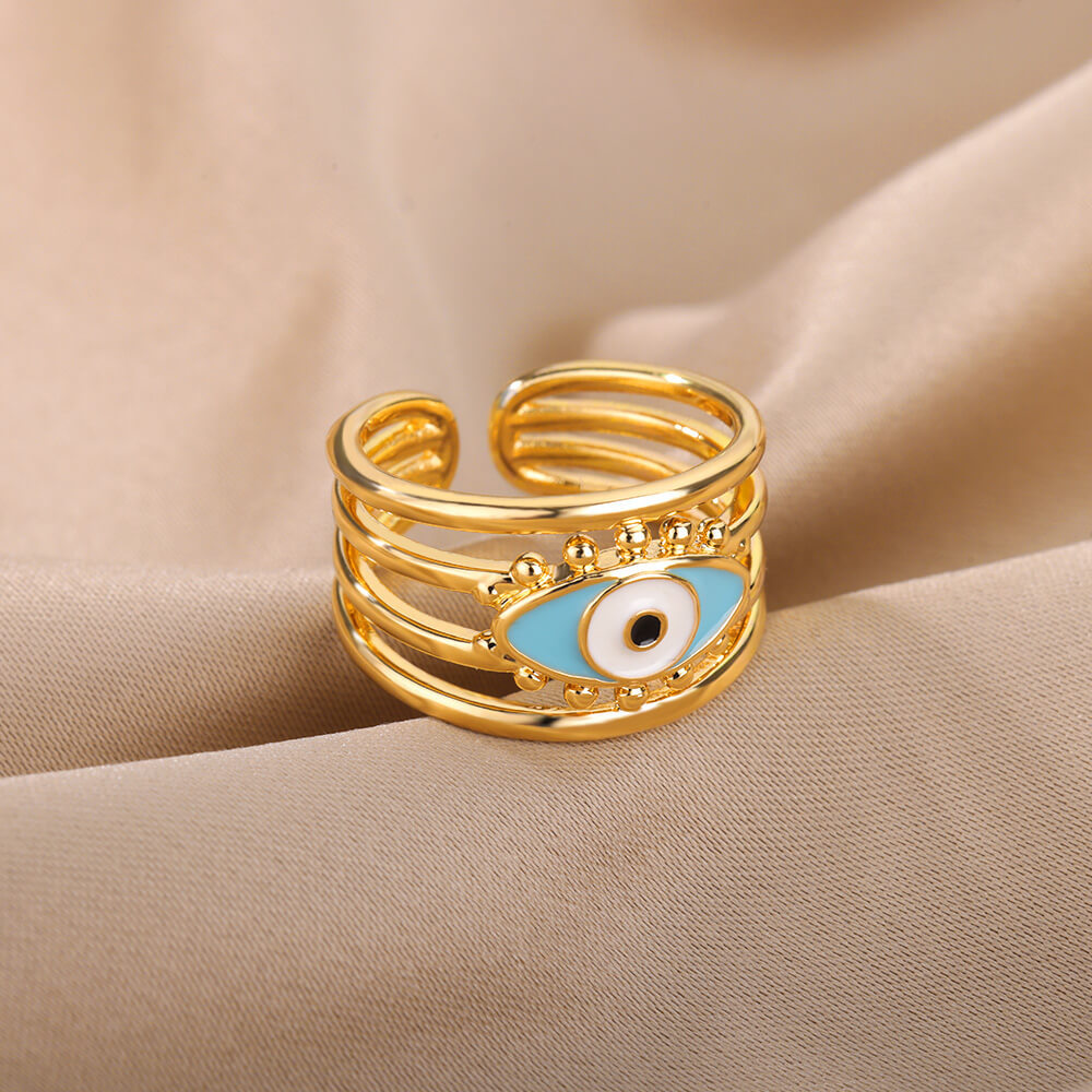 Turkish Zircon Evil Eye Rings For Women Open Adjustbale Gold Plated Stainless Steel Ring Couple Rings Wedding Jewelry Bague