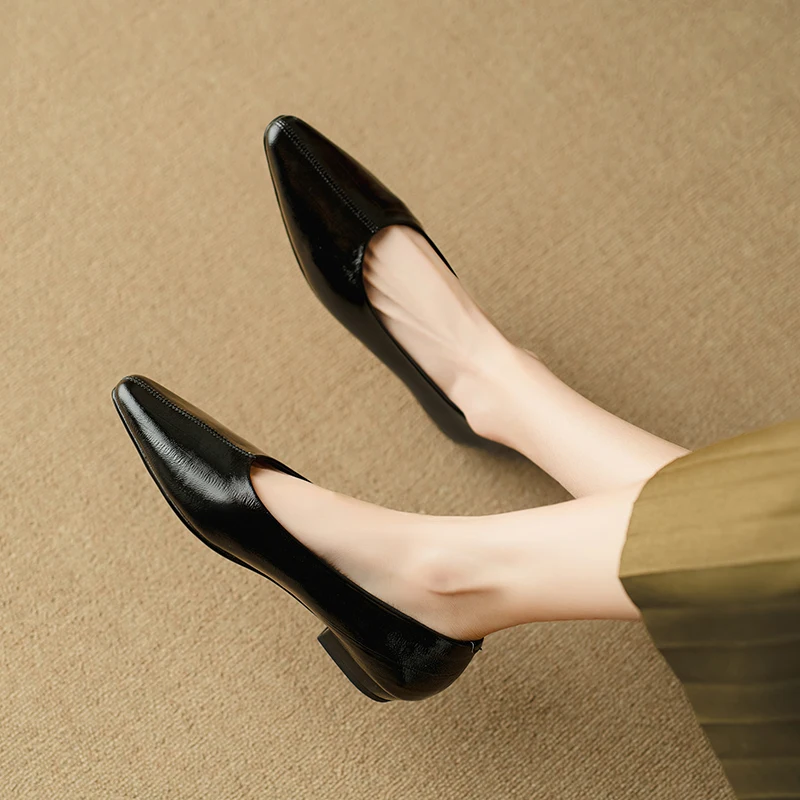 Fashion Genuine Leather mid heels woman elegant Loafer office lady square toe party pumps