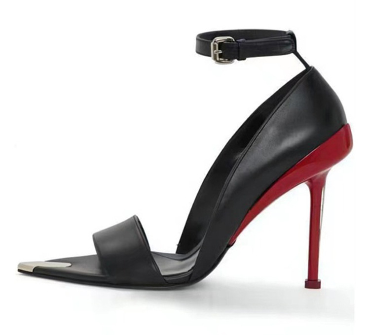 European and American hotties sexy metal pointed toe stiletto heels open toe catwalk etiquette women's shoes