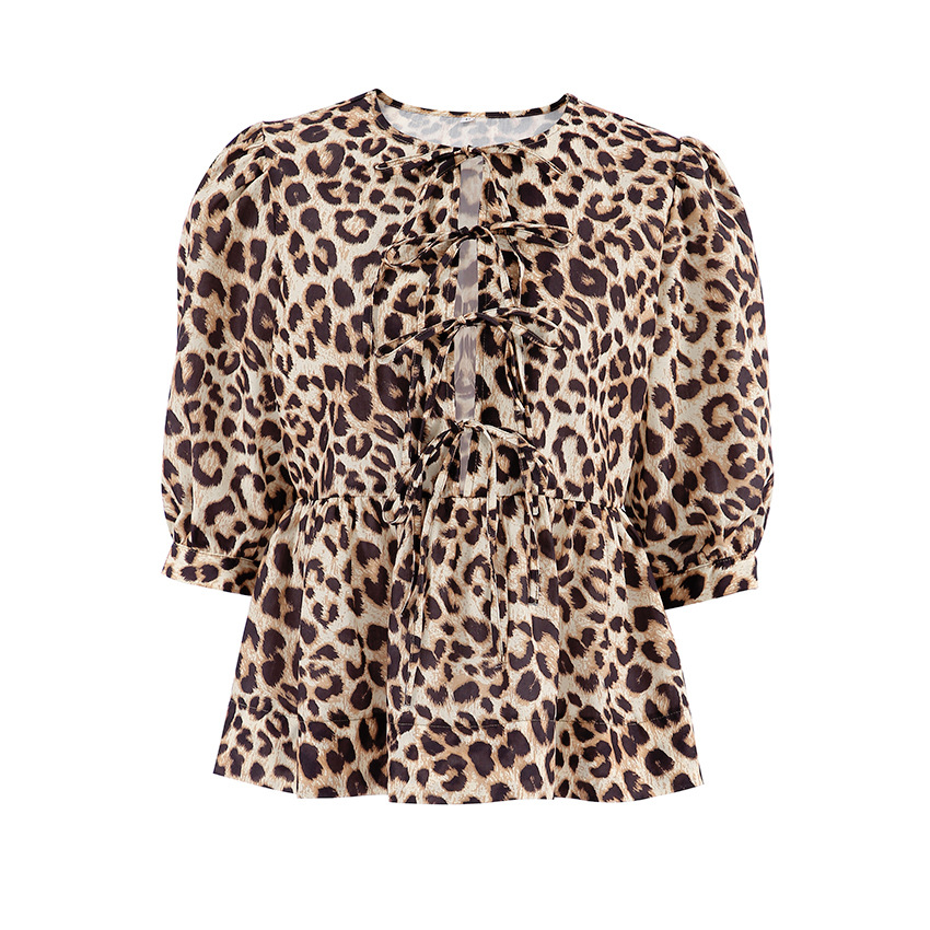 Relaxed Fit Animal Pattern Crewneck Knot Blouse