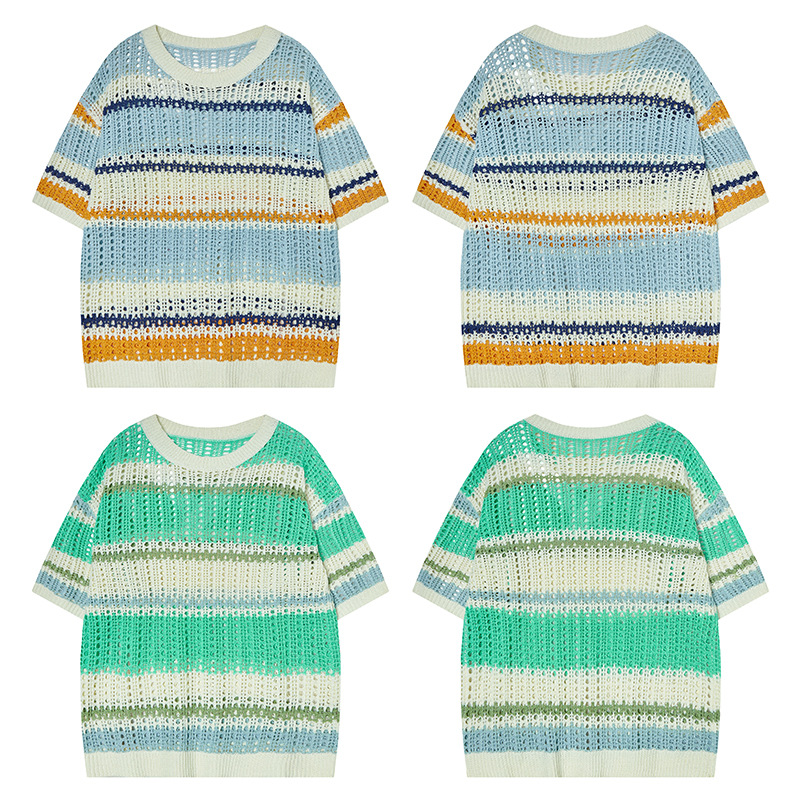 Mens American Vintage Cutout Two-Tone Striped Crew Tee