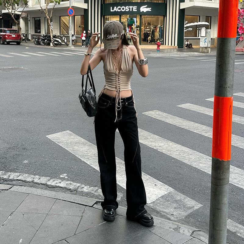 Deep V-belt vest hanging neck slim fit versatile top for women