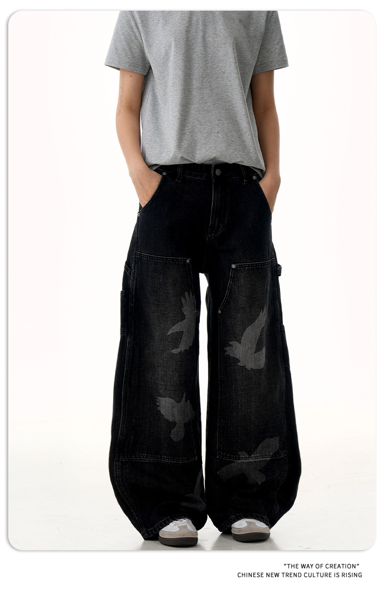 Jeans with Pigeon Pattern for Men and Women, Loose Fit Wide Leg Trousers
