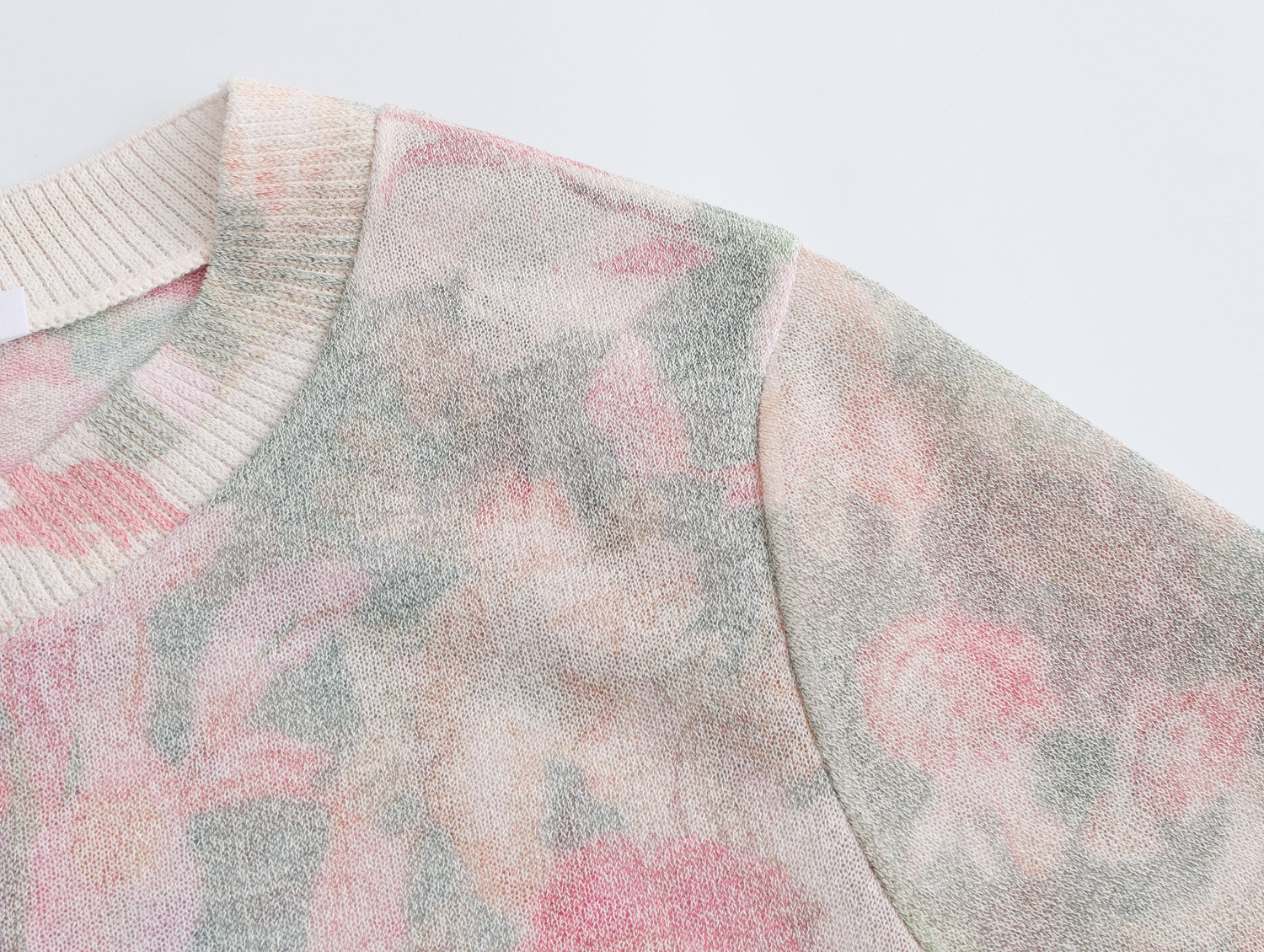Flower Pattern Crew Three-Quarter Sleeve Polyester Top