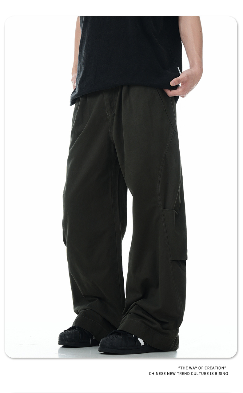 Work Pants Men Simple Cuff Zipper Design Loose Wide Leg Slim Fit Versatile Long Trousers Trendy
