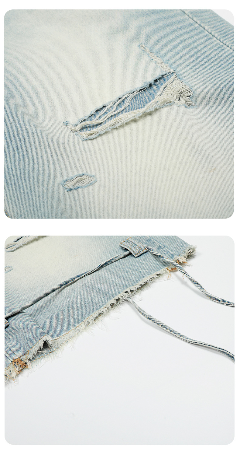 Street Washed Distressed Denim Shorts Loose Wide-Legged Vintage Straight Drawstring Three-Quarter Pants