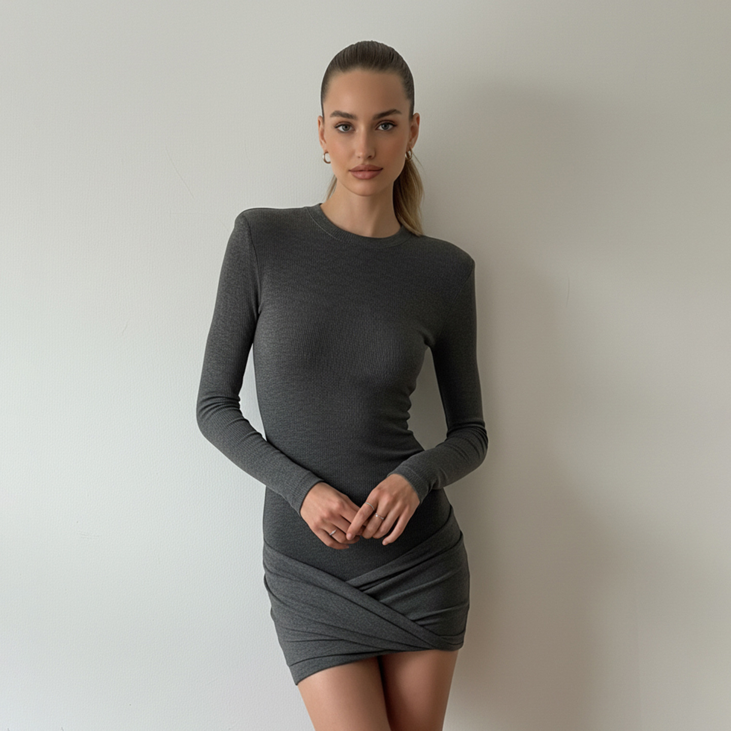 High-Waisted Wrist-length Snug Tiered Plain Jersey Scoop Dress