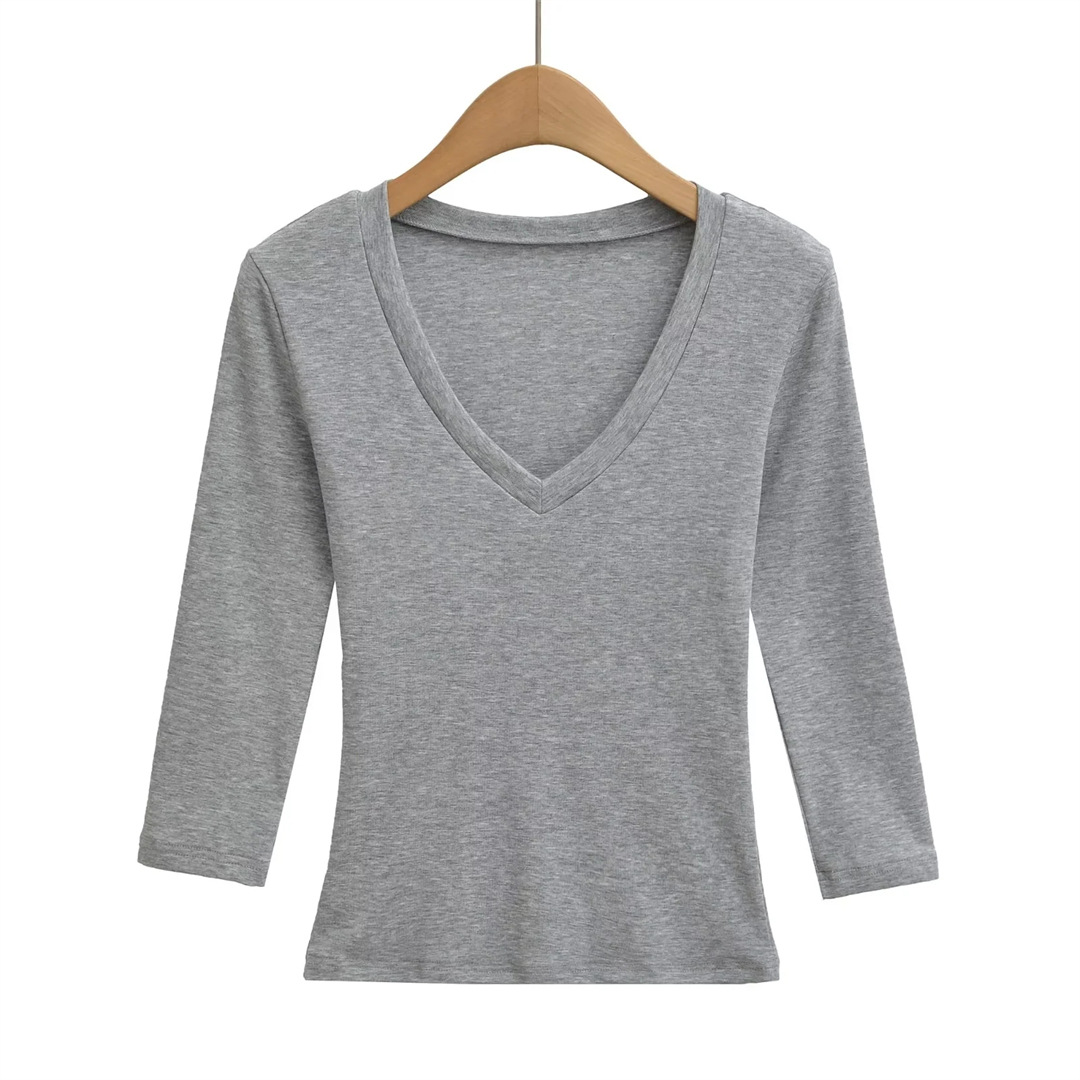 Ladies Streetwear Plain Stretch Elbow-Length Plunge Layering Tee