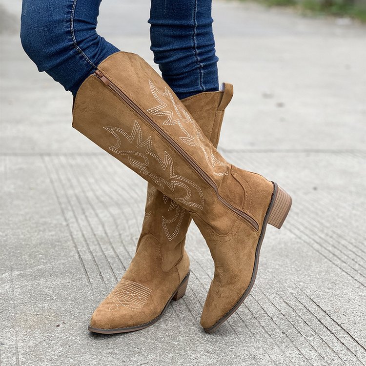 Brown thick heeled mid calf knight boots short boots Western cowboy