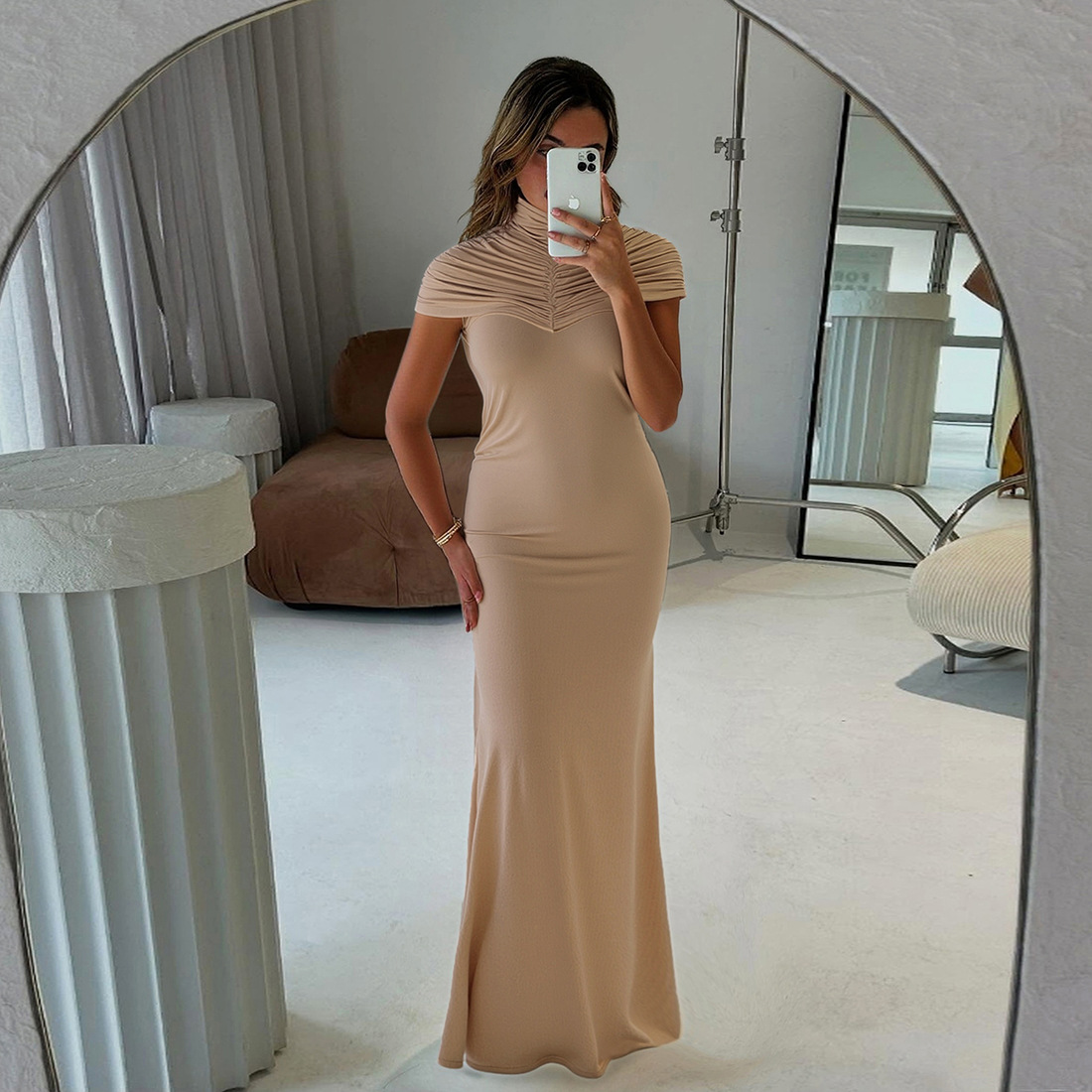 Sleeveless Stand Collar Cutout Pleated Waist-Defined Bodycon Dress