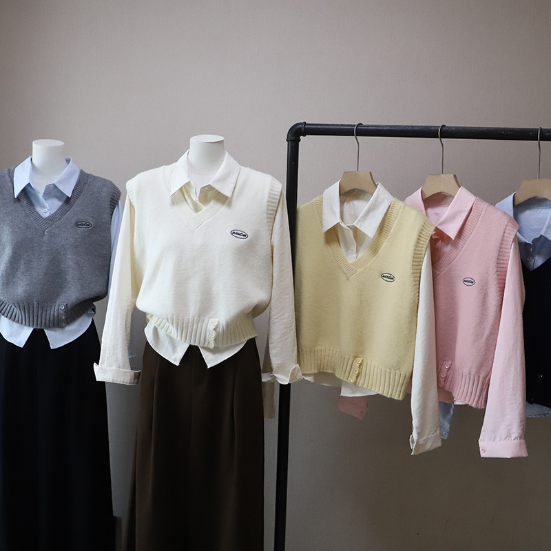 Fashion Two-Piece Set Shirt + Letter Embroidered Knit Vest for Women