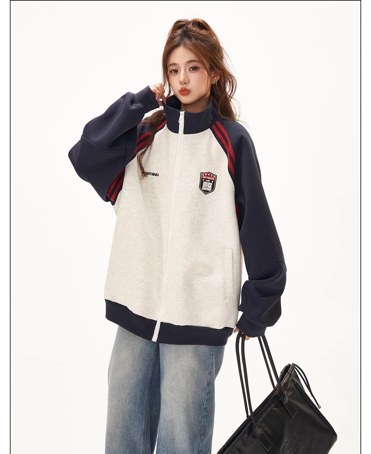 Retro Jacket for Women, High-End Patchwork Raglan Sleeve Hoodie Cardigan, Versatile Stand-Up Collar Top