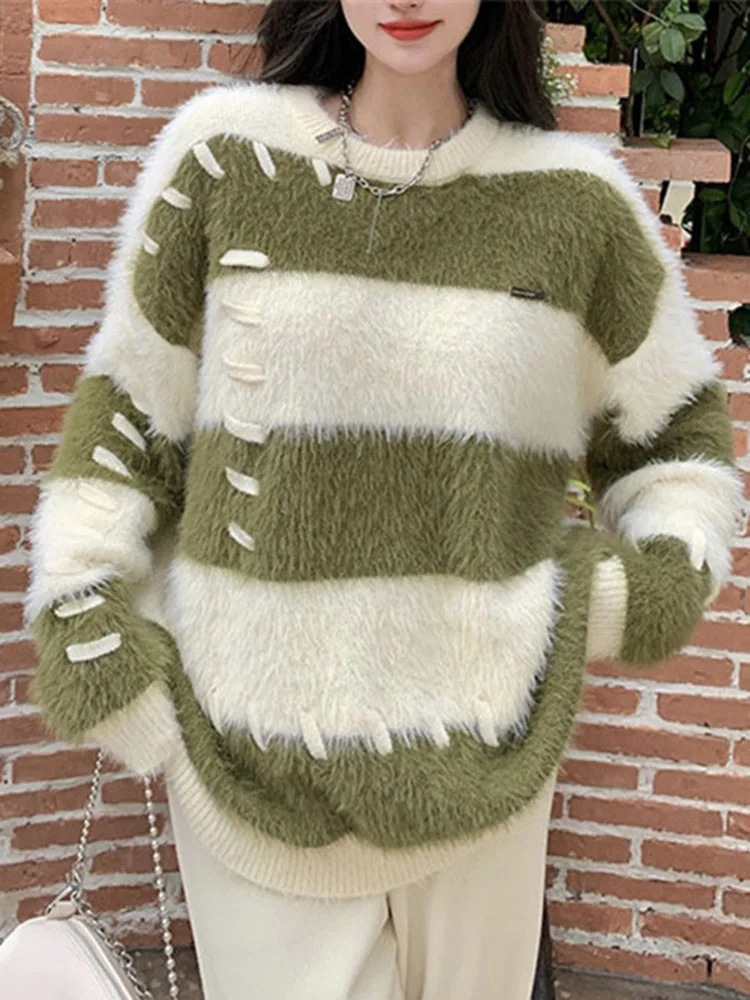 Ladies Fall Two-Tone Oversized Stretch Acrylic Sweater