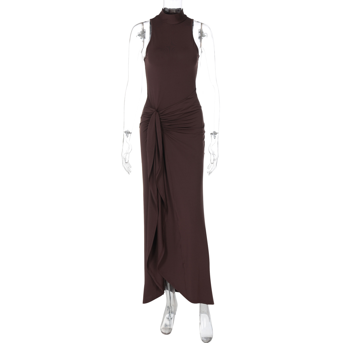 Solid Crew Armless Sash Split Dress