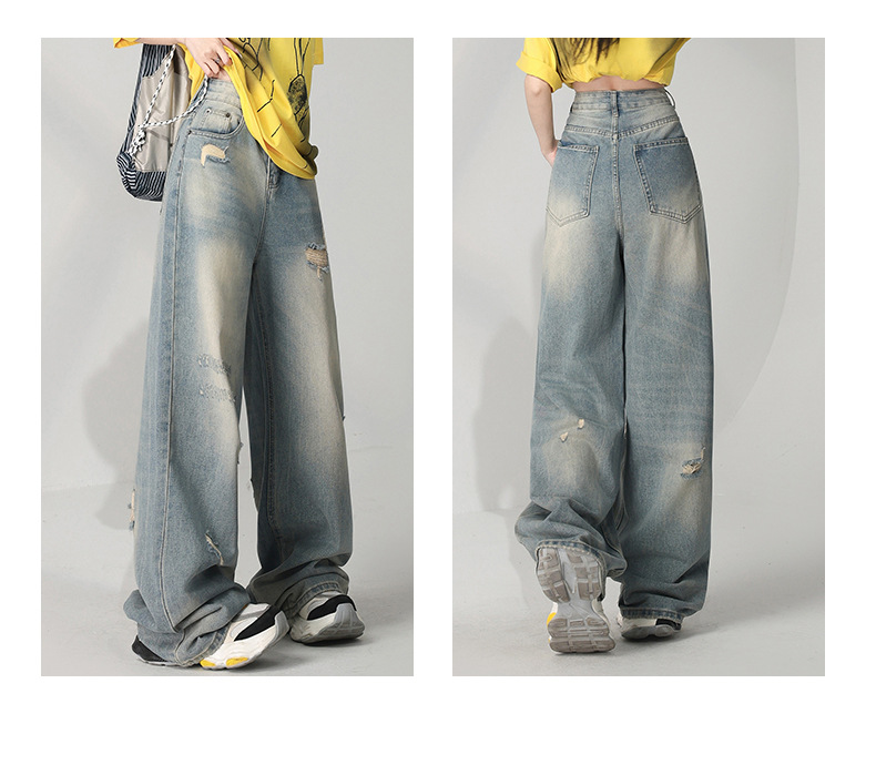 Retro Distressed Washed Ripped Jeans Women Loose High Waist Slim Wide Leg Floor-Length Pants