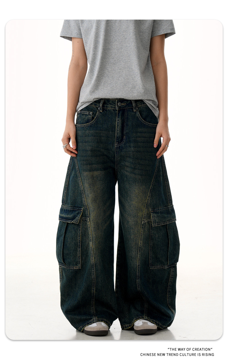 Blue Workwear Tapered Jeans for Men and Women with Multiple Pockets Loose Washed Banana Wide-Leg Long Pants