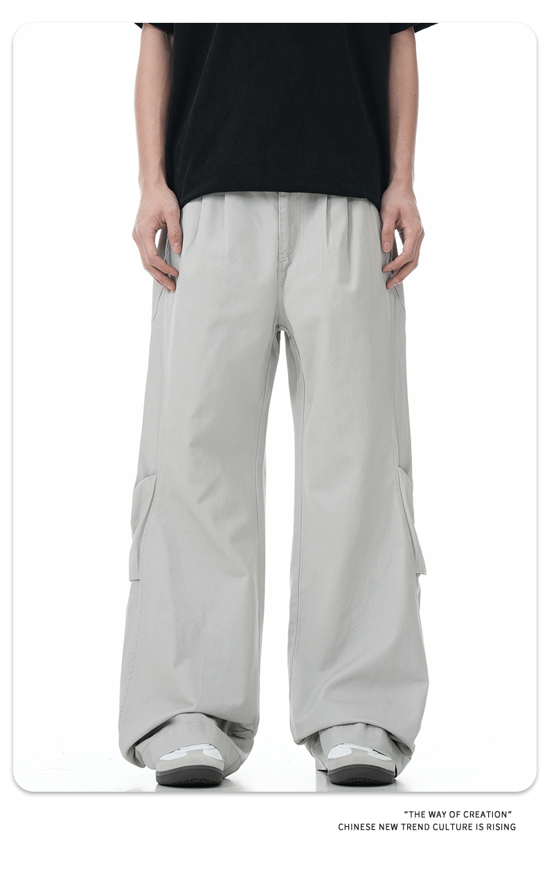 Work Pants Men Simple Cuff Zipper Design Loose Wide Leg Slim Fit Versatile Long Trousers Trendy