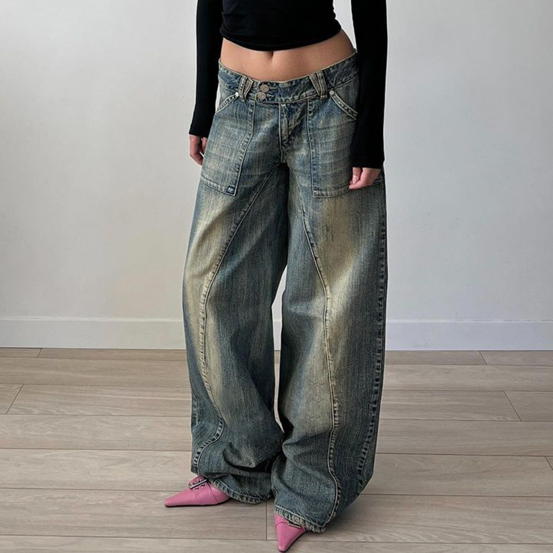 Low waist irregular split line pocket jeans