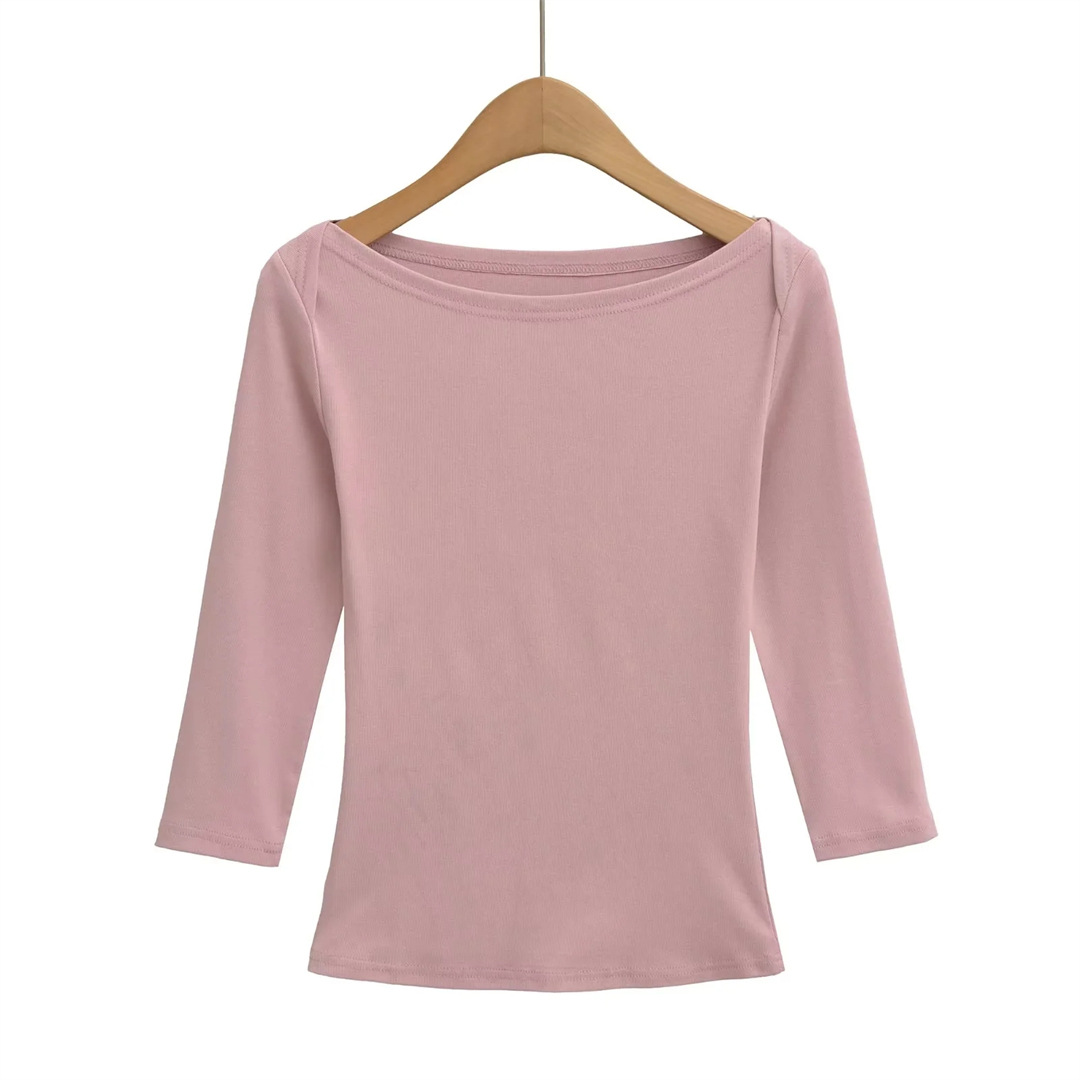 Slim Fit Plain Asymmetric Neck Elbow-Length Midriff Tee