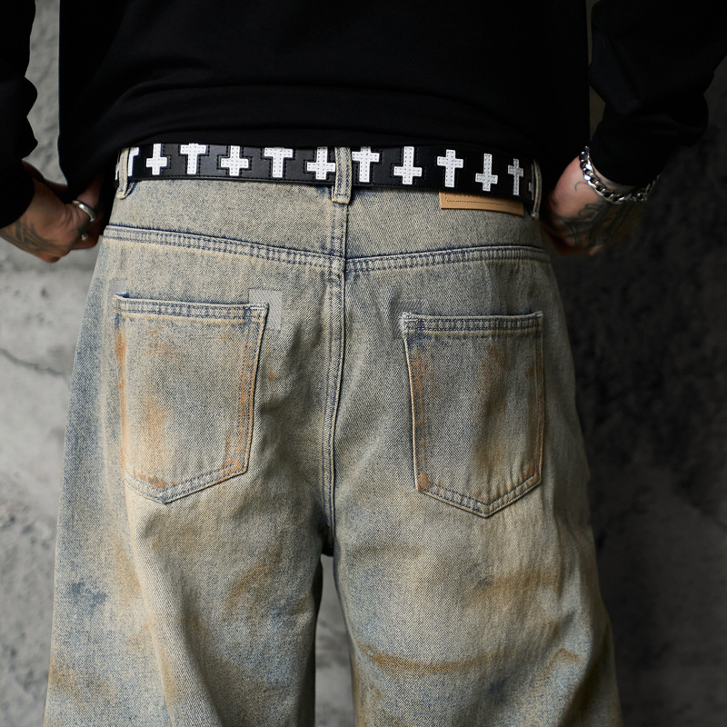 Style Casual Knife-Shape Pants Men Loose Straight Leg Distressed Autumn Fashion Vintage Ripped Jeans