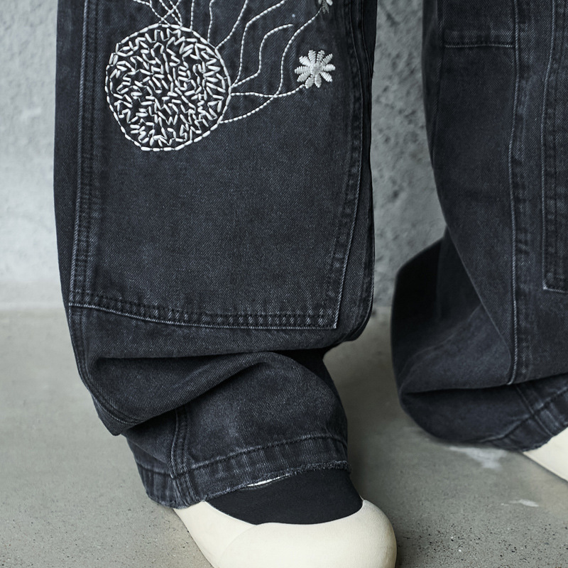 Casual Knife-Edge Pants for Men, Loose Straight-Leg Patchwork Denim Pants, Embroidered Wide-Leg Long Pants