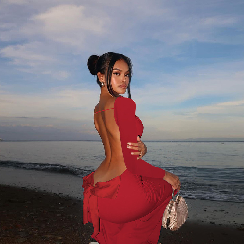 Full Sleeve V-Neck Bow Back Pencil Dress