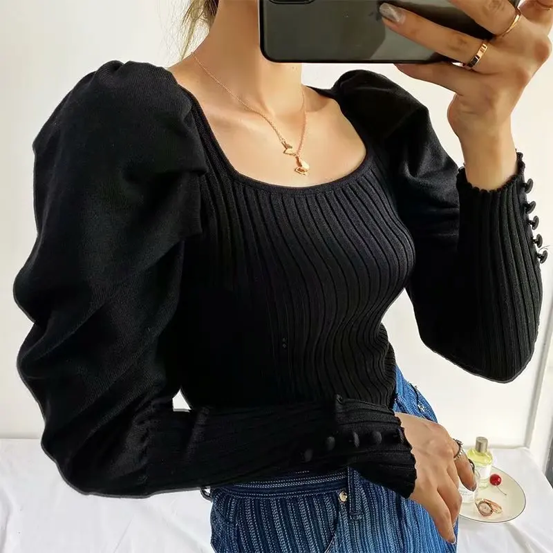 Ladies Knit Plain Geometric Neckline Puffy Sleeves Jumpsuit