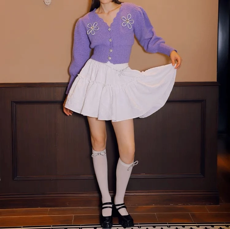 Cotton Violet Bow Plunging Balloon Cardigan