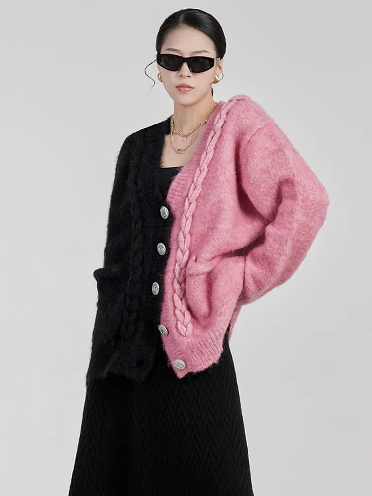 Ladies Colorblock Chunky Oversized Knitted Cardigan