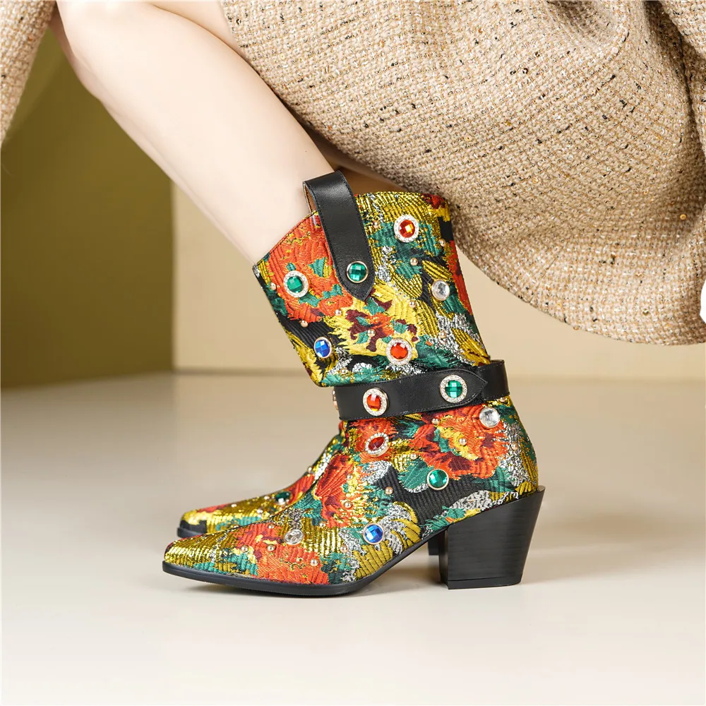 New Arrival Ethnographic Style Women Cow Leather Mid Calf Boots Pointed Toe Thick Heels Crystal