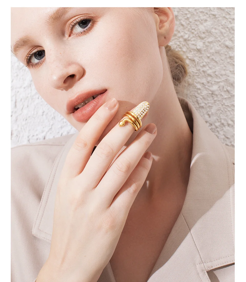 Punk Snake Rhinestone Nail Ring Stainless Steel Curve Finger Rings For Women Accessories Fashion Jewelry Gifts