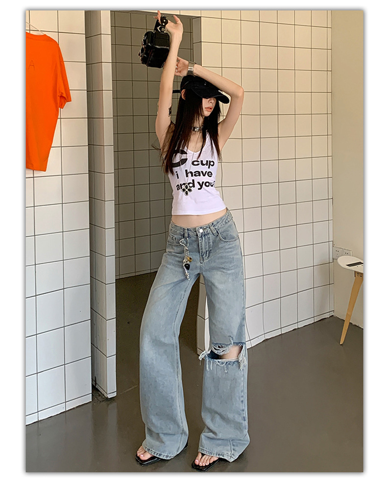 Light Blue Distressed Wide-Leg Jeans Women Retro Design Loose Straight Pants High Street