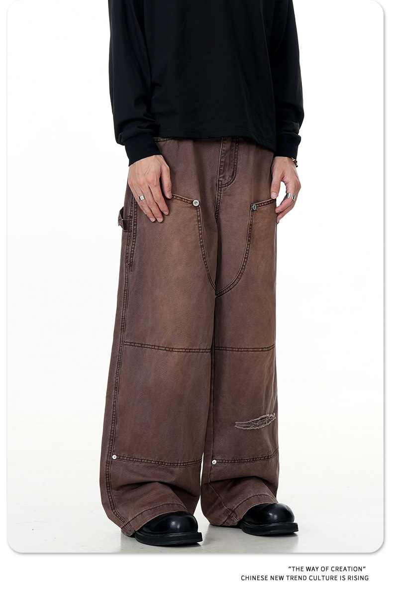 Carpenter Work Pants for Men and Women Vintage Washed Distressed Riveted Denim Loose Straight Leg Long Trousers