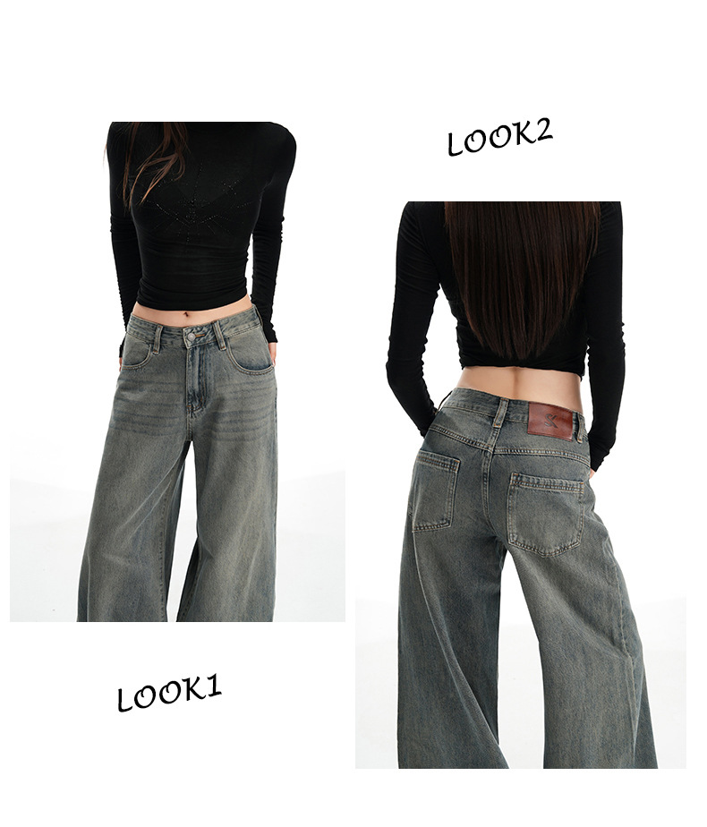 Women's Wide-Leg Pants Loose Fit High-Waist Trousers Slimming Multi-Purpose Denim Pants with Vintage Color Washed Effect