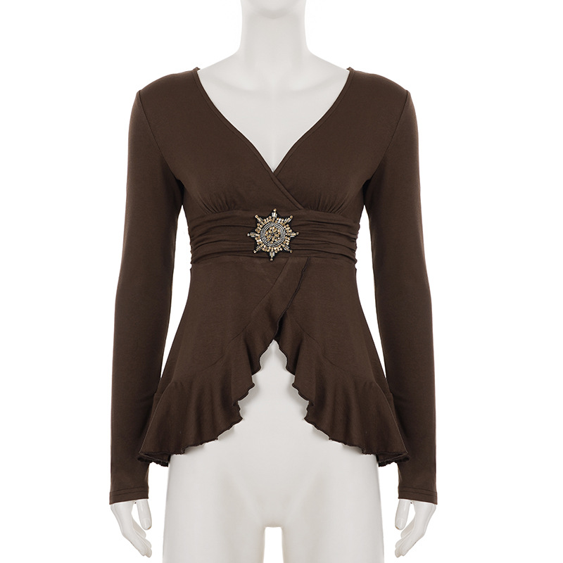 Solid Flounce Long Sleeve Short Tee Metallic Trim