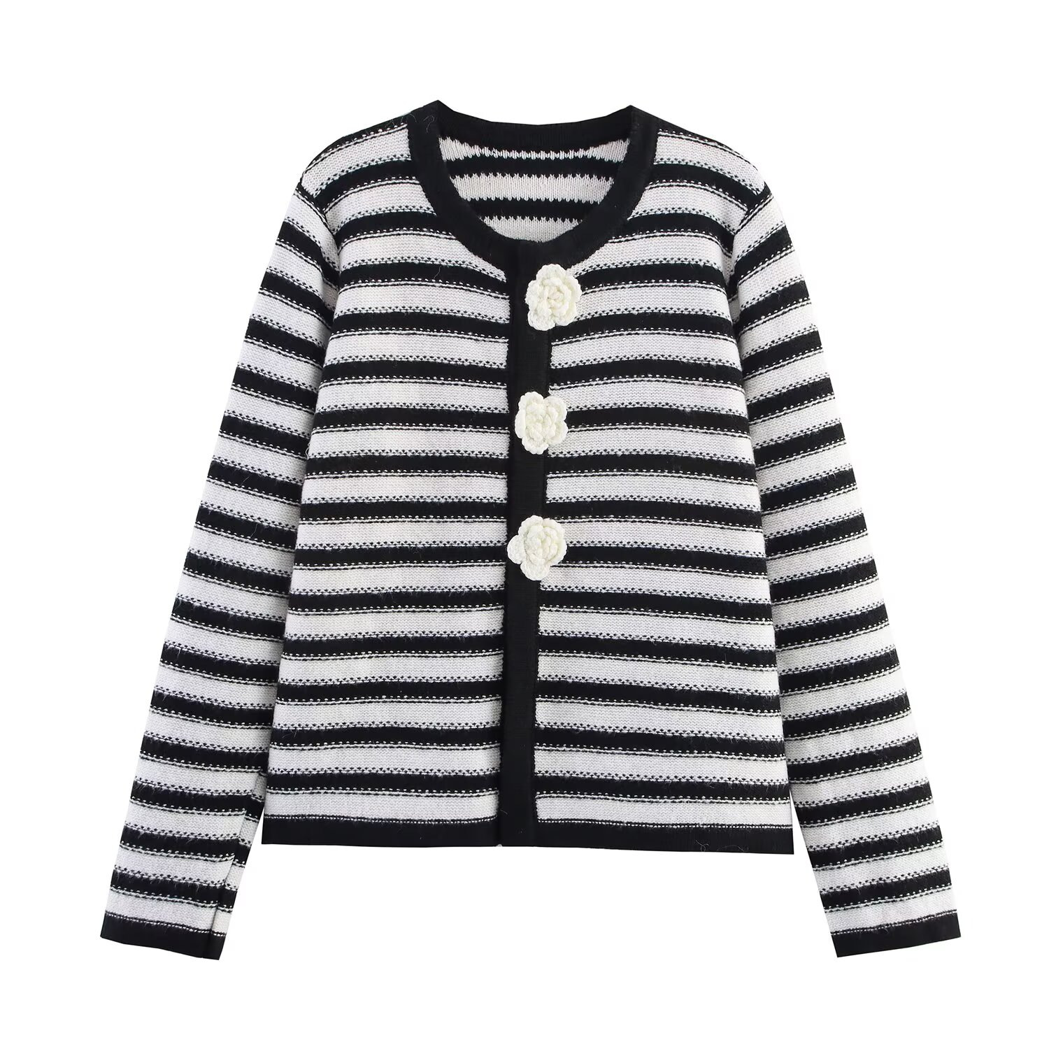 Floral Embellished Crew Stripe Long Sleeve Cardigan